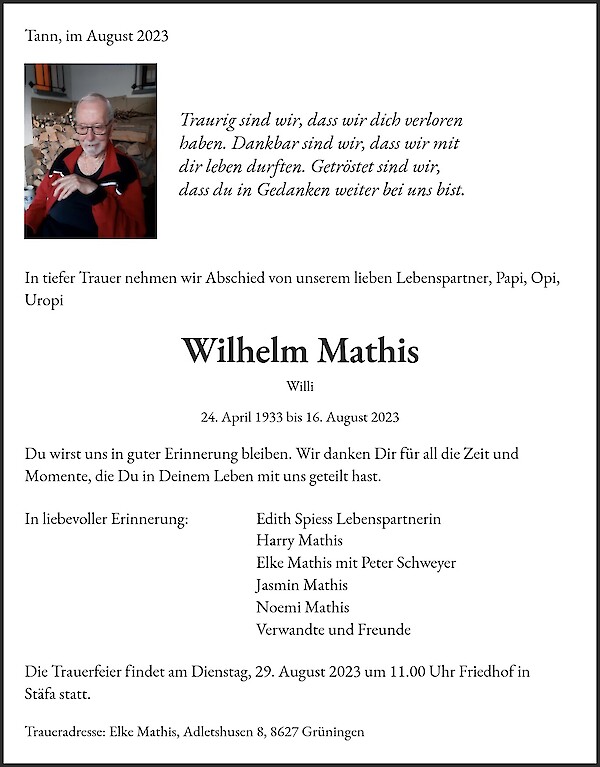 Necrologio da Wilhelm Mathis, Tann