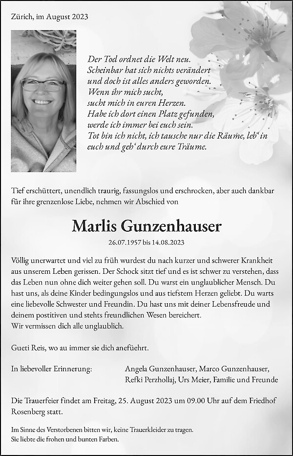 Necrologio Marlis Gunzenhauser, Winterthur