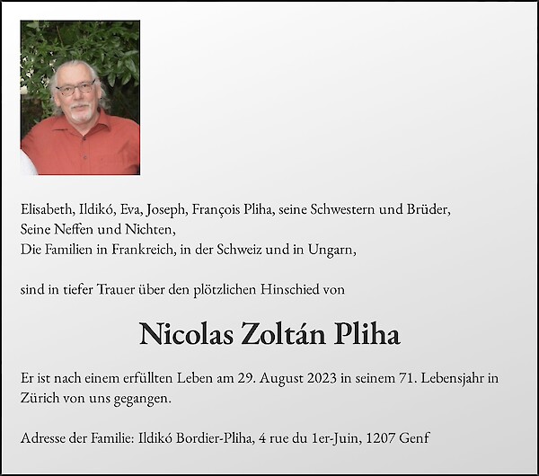 Avis de décès de Nicolas Zoltán Pliha, Regensdorf