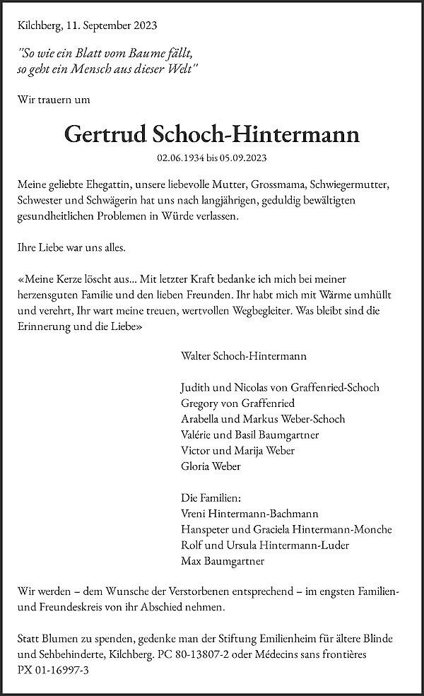 Necrologio Gertrud Schoch-Hintermann