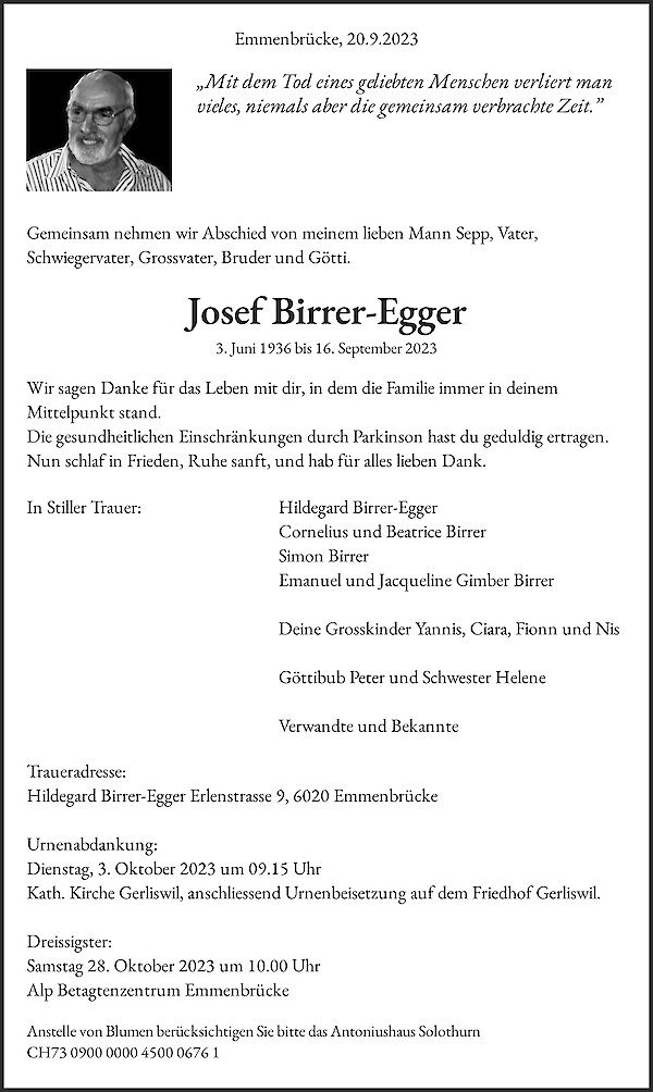 Todesanzeige von Josef Birrer-Egger, Emmenbücke