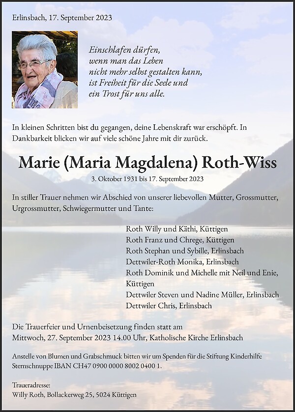 Necrologio Marie (Maria Magdalena) Roth-Wiss