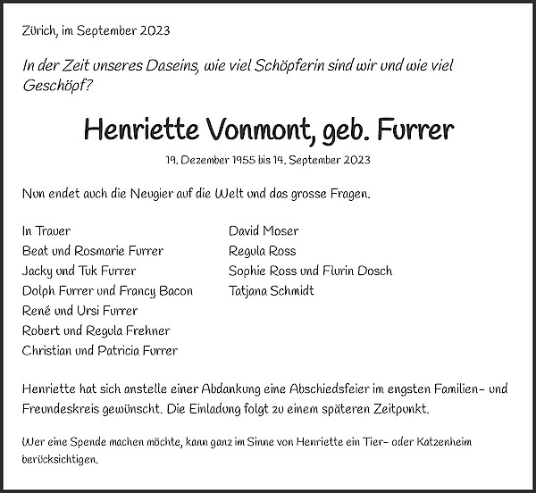 Todesanzeige von Henriette Vonmont, geb. Furrer