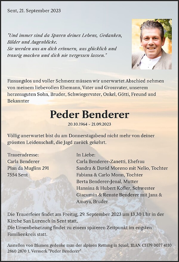 Todesanzeige von Peder Benderer, Sent