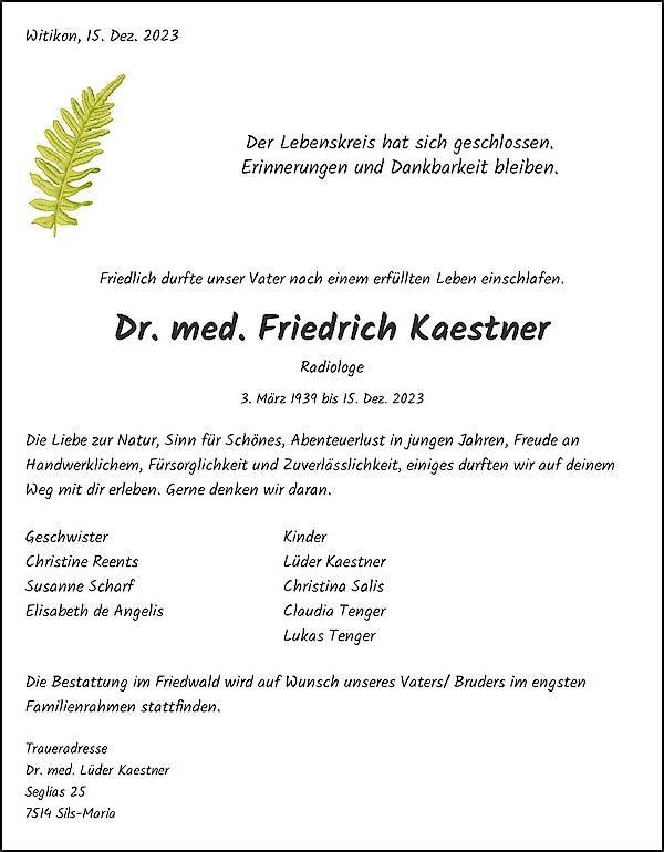 Necrologio Dr. med. Friedrich Kaestner