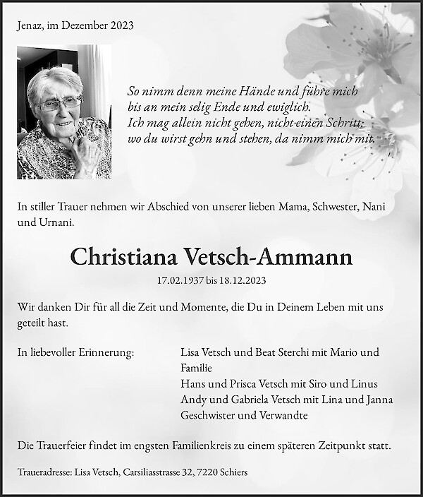 Avis de décès de Christiana Vetsch-Ammann