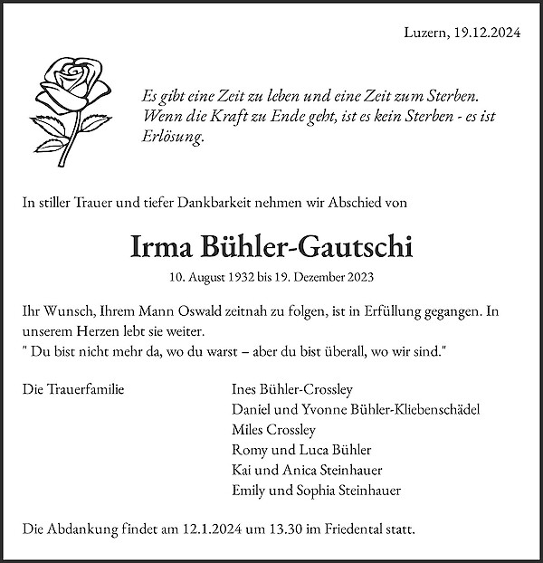 Todesanzeige von Irma Bühler-Gautschi