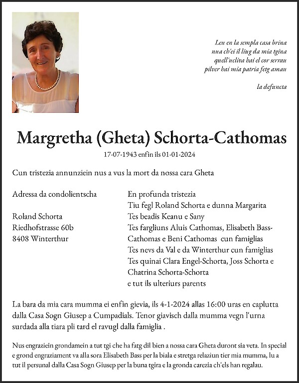 Necrologio Margretha (Gheta) Schorta-Cathomas