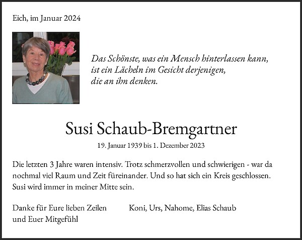 Necrologio Susi Schaub-Bremgartner, Eich