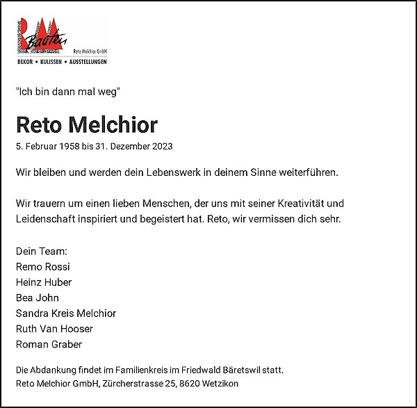 Necrologio Reto Melchior, Wetzikon