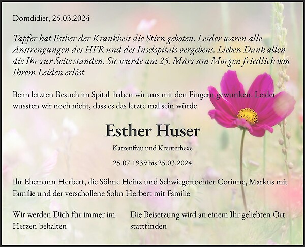 Necrologio Esther Huser, Domdidier