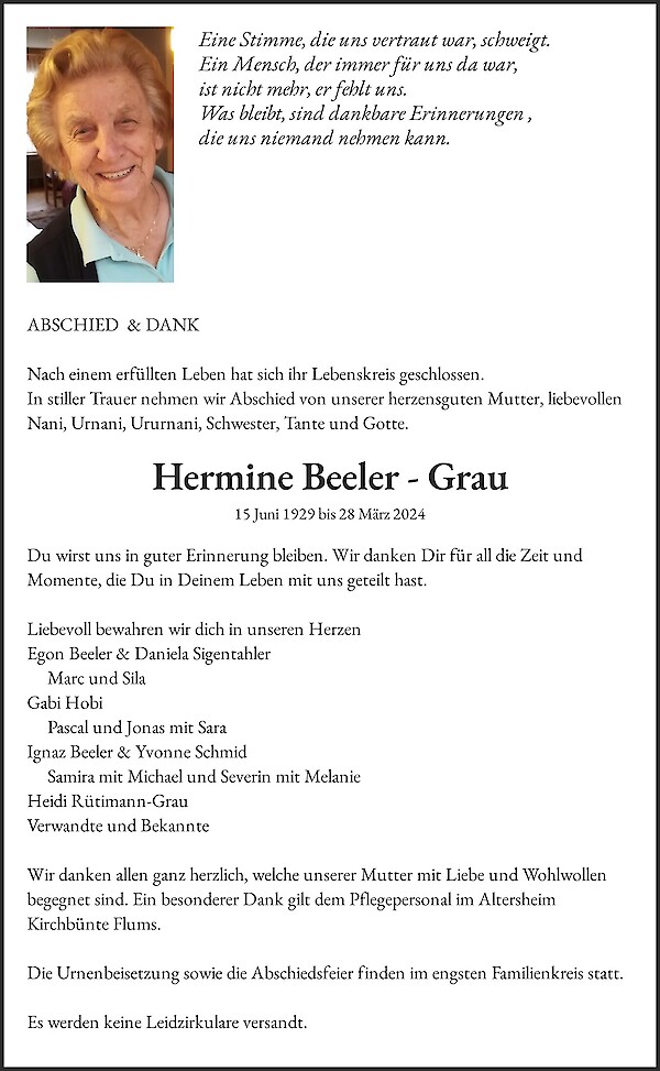 Obituary Hermine Beeler - Grau