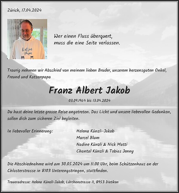 Necrologio Franz Albert Jakob