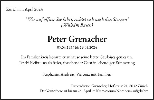 Obituary Peter Grenacher, Zürich