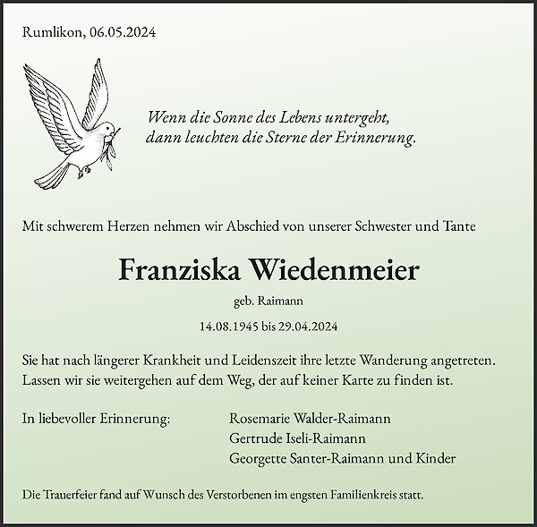 Necrologio Franziska Wiedenmeier, Kreuzlingen