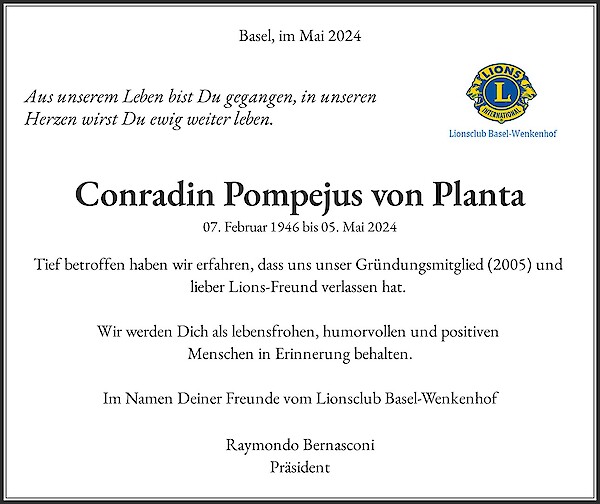 Todesanzeige von Conradin Pompejus von Planta