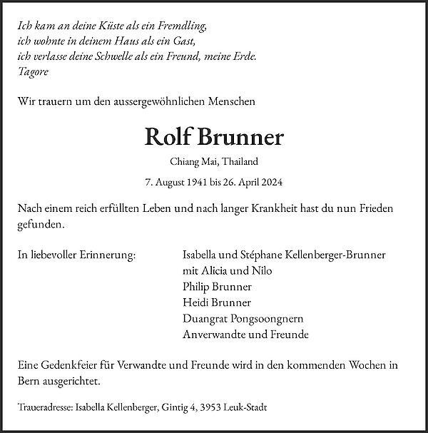 Obituary Rolf Brunner, Chiang Mai, Thailand