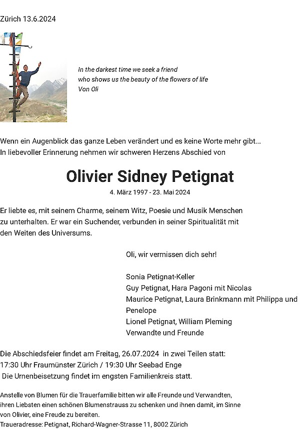 Necrologio Olivier Sidney Petignat, 8002 Zürich