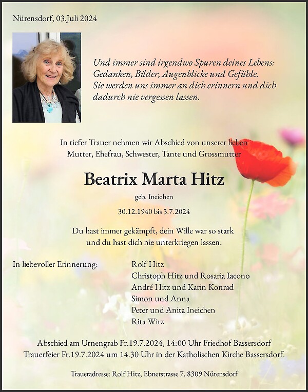 Obituary Beatrix Marta Hitz, Nürensdorf