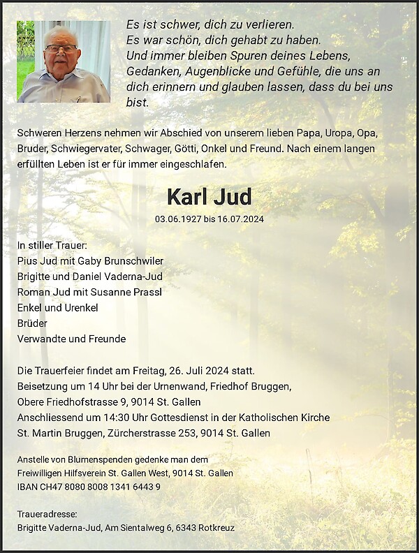 Obituary Karl Jud, St. Gallen