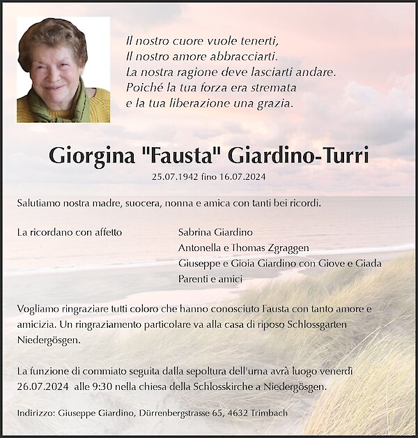 Necrologio Giorgina "Fausta" Giardino-Turri