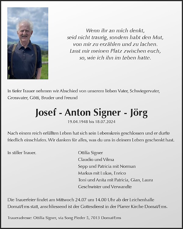 Avis de décès de Josef - Anton Signer - Jörg, Domat/Ems