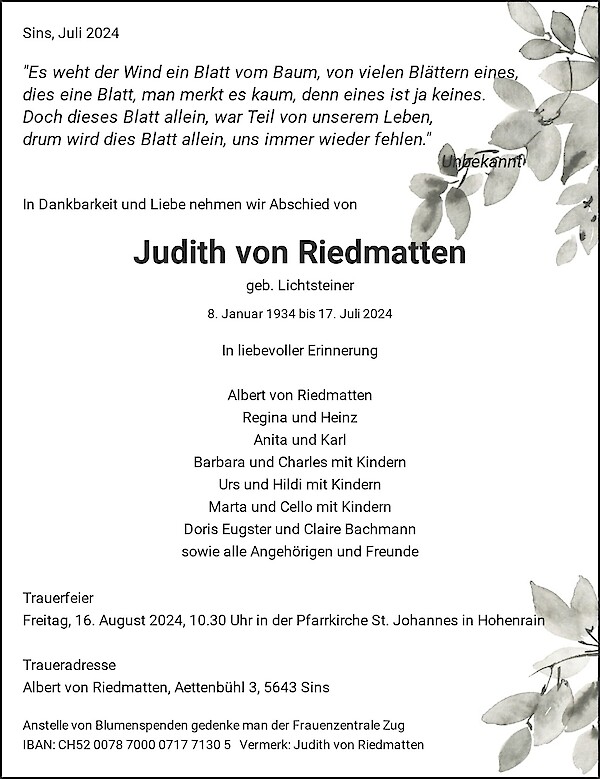 Necrologio Judith von Riedmatten, Sins