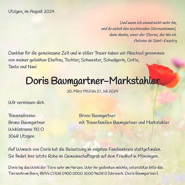 Obituary Doris Baumgartner-Markstahler