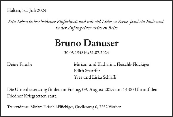 Obituary Bruno Danuser, Halten