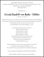 Todesanzeige Ursula Rudolf von Rohr - Müller