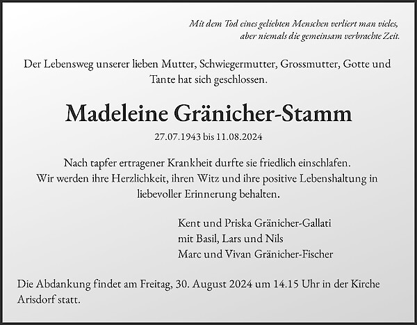 Necrologio Madeleine Gränicher-Stamm