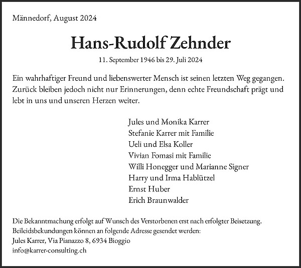 Necrologio Hans-Rudolf Zehnder, Männedorf