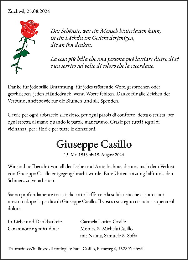 Avis de décès de Giuseppe Casillo, Zuchwil