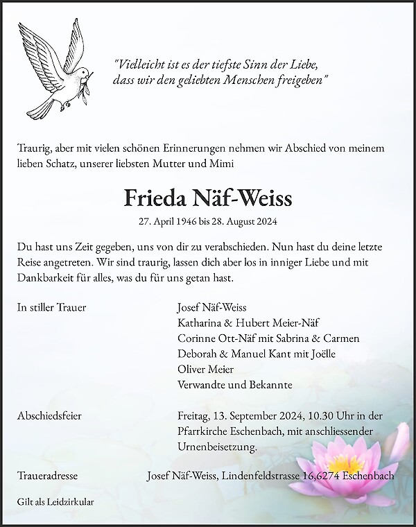 Avis de décès de Frieda Näf-Weiss, Eschenbach