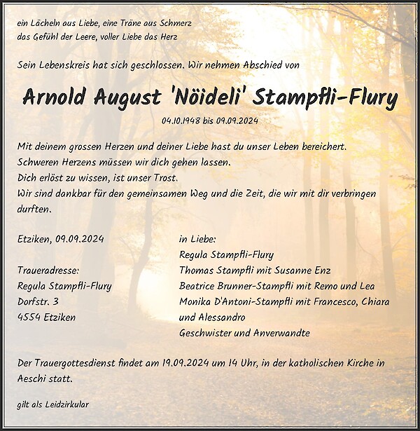 Necrologio Arnold August 'Nöideli' Stampfli-Flury