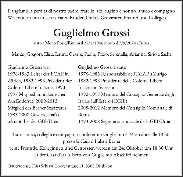 Necrologio Guglielmo Grossi, Bern