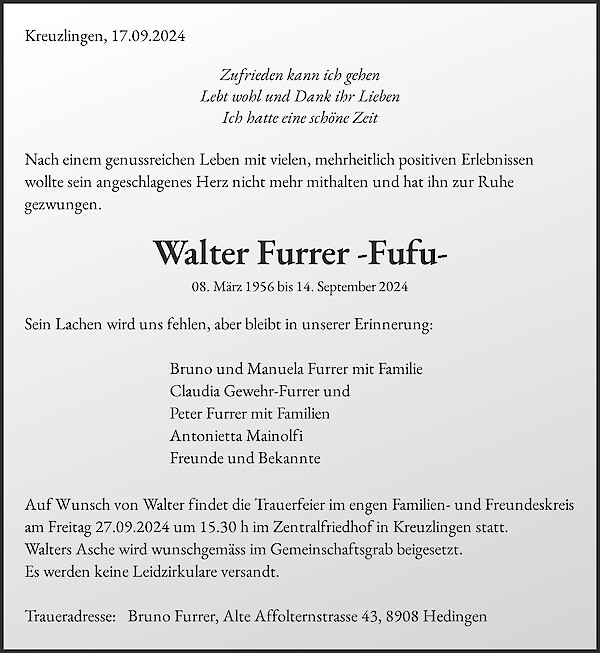 Todesanzeige von Walter Furrer    -Fufu-, Kreuzlingen