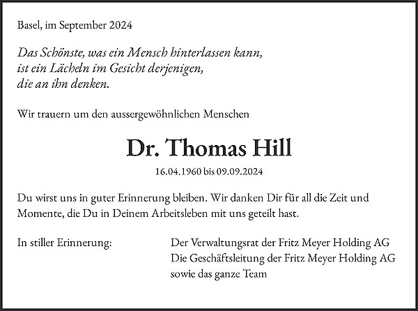 Avis de décès de Dr. Thomas Hill