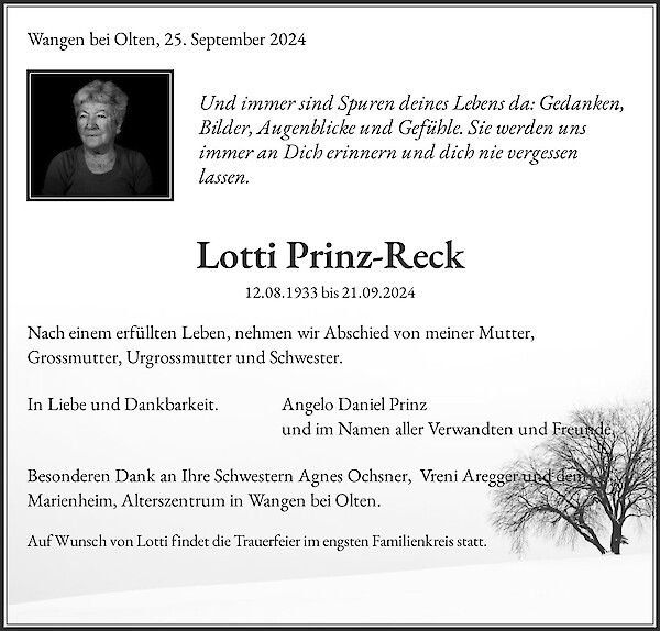 Todesanzeige von Lotti Prinz-Reck, Wangen bei Olten