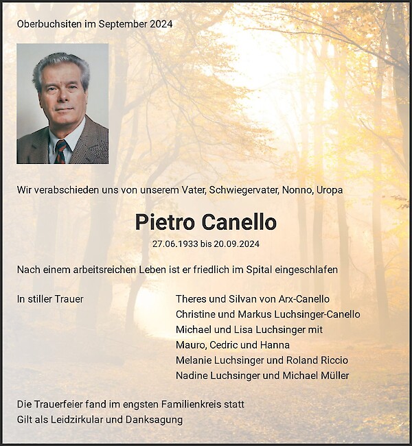 Obituary Pietro Canello