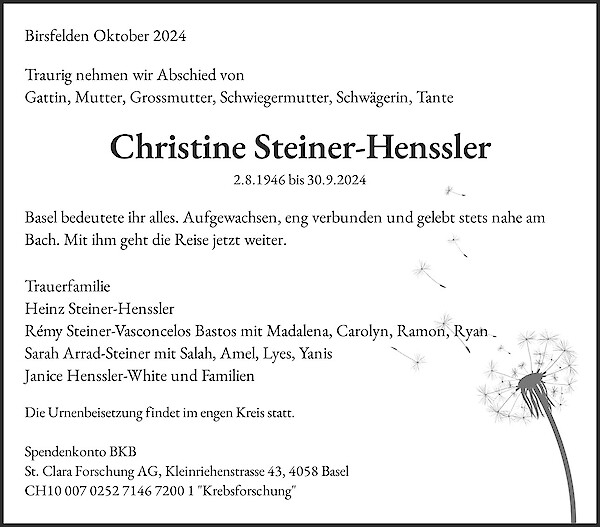 Avis de décès de Christine Steiner-Henssler, Birsfelden