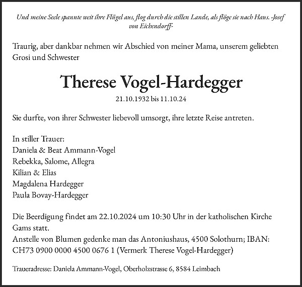 Avis de décès de Therese Vogel-Hardegger