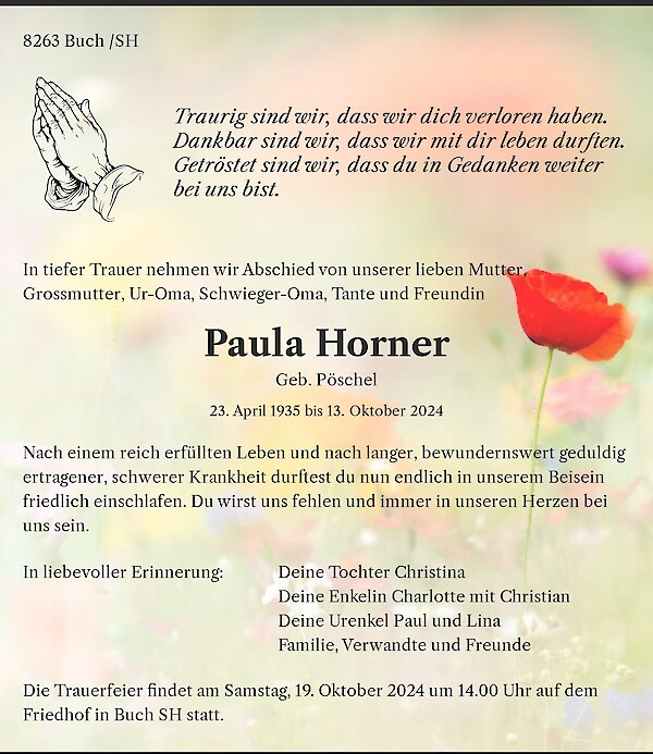 Necrologio Paula Horner, Buch