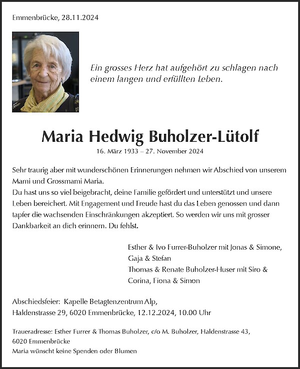 Obituary Maria Hedwig Buholzer-Lütolf, Emmenbrücke