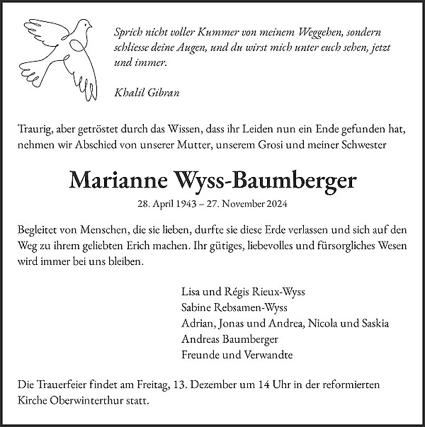 Necrologio Marianne Wyss-Baumberger, Winterthur