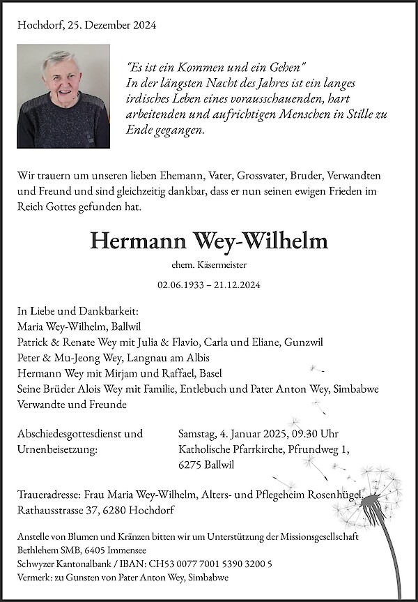 Avis de décès de Hermann Wey-Wilhelm