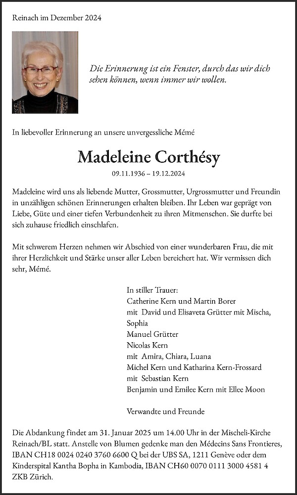 Avis de décès de Madeleine Corthésy