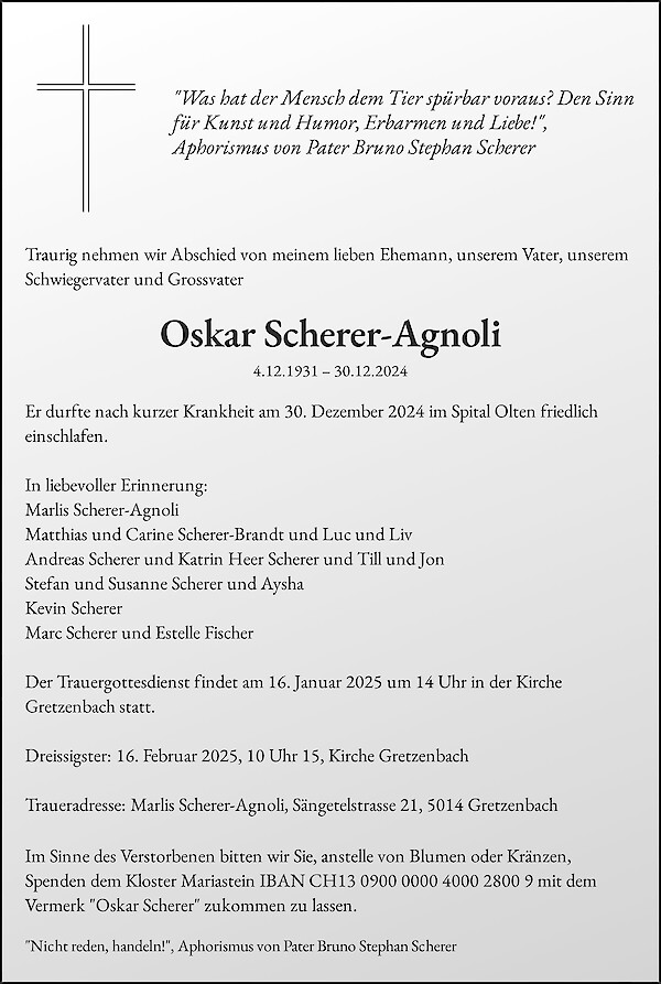 Avis de décès de Oskar Scherer-Agnoli