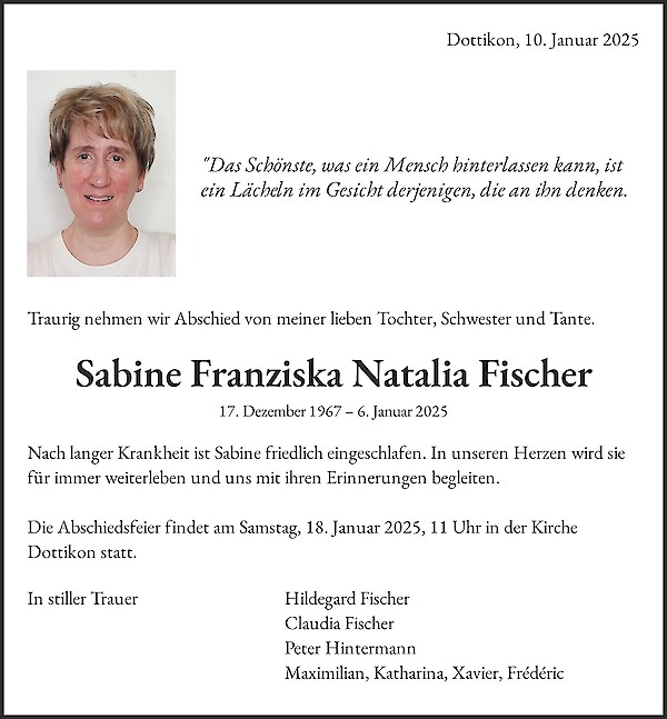 Avis de décès de Sabine Franziska Natalia Fischer