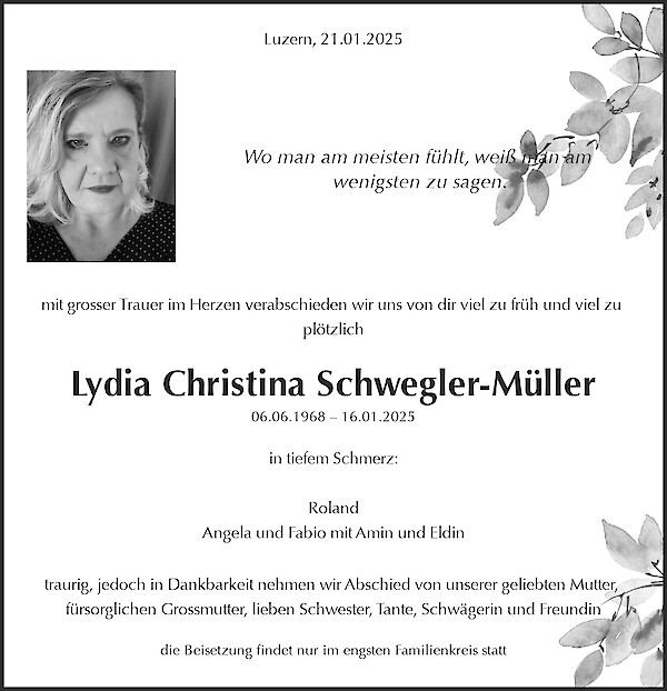 Avis de décès de Lydia Christina Schwegler-Müller